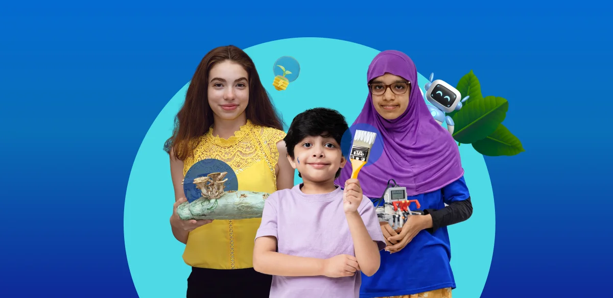 Students with experiments, paintbrush and robots
